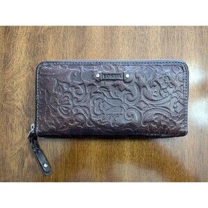Fossil Large Embossed Floral Leather Purse Credit Card Holder Clutch